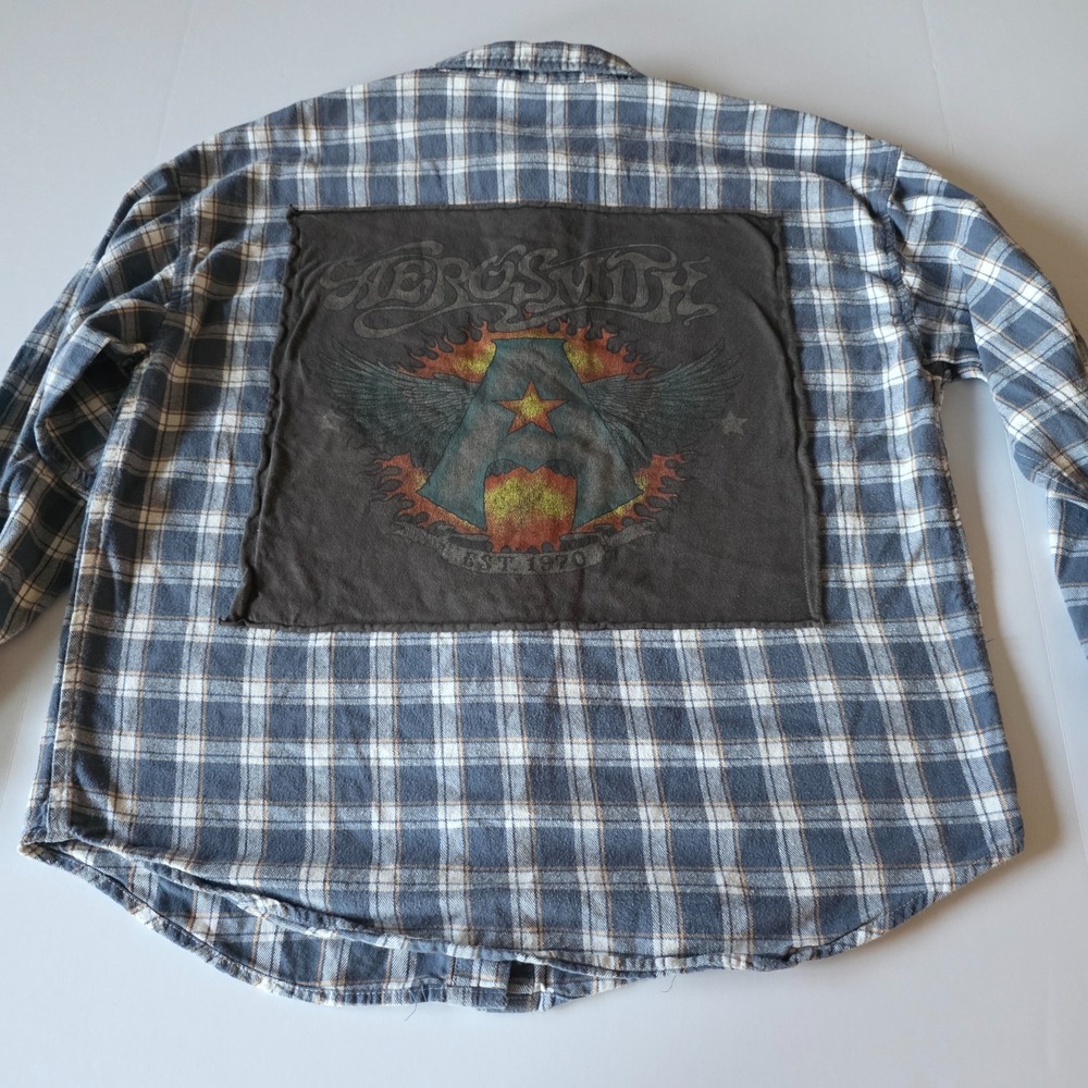 Aerosmith‎ Graphic Plaid Flannel Shirt Blue White Band Back Patch Small 2023